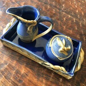 Handcrafted  Studio Art Pottery Cream & Sugar With Tray
